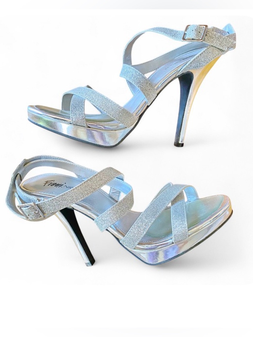 Fioni Night Silver Glitter Strappy Heels Size 10 Platform 5” Stiletto Formal